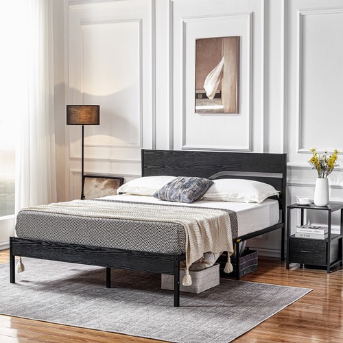 Bed Frame Metal Platform Twin Full Queen Size with Wooden Headboard Footboard