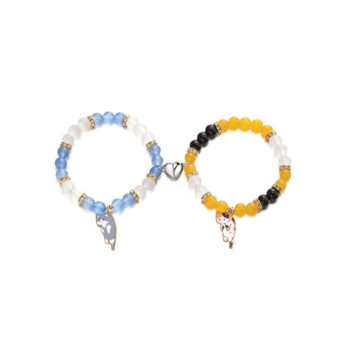 2Pcs Couple Friendship Bracelets Cute Kawaii Cartoon Cat Heart Matching Bracelet Y2k Cat Glass Beaded Elastic Bracelet Valentines Day