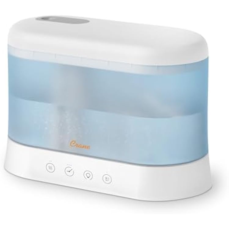 Crane 0.5 Gallon Top Fill Cool Mist Humidifier & Essential Oil Diffuser, Whisper-Quiet, 15-Hour Run Time, Night Light, Small Room Air Humidifier, Perfect For Office, Bedroom or Nursery