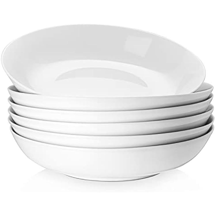 Y YHY 9 Pasta Bowls, 40oz Large Salad Bowls Set of 6, Wide Shallow Ceramic Bowls for Serving Soup, White Dinner Plates Set for Kitchen, Microwave Dishwasher Safe