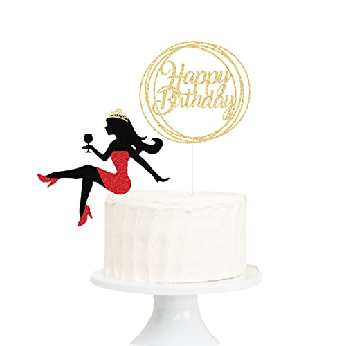 Red Gold Glittery Girl Happy Birthday Cake Topper For Birthday Party Decorations, Sitting Girl Women Womans Silhouette Birthday Cake Decorations Supplies