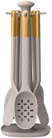Kitchen Utensil Set, 6-Piece Silicone Kitchen Utensil Set with Rotating Rack - Non-Scratch, Heat Resistant Tools & Gold Stainless Steel Handles (Taupe)