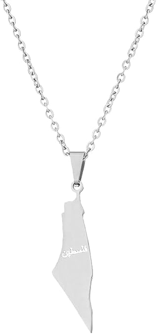Palestine Necklace Israel and Palestine Map Pendant Necklace Stainless Steel Palestine Letter Map Necklace for Women Men Arabic National Jewelry (04 Silver)