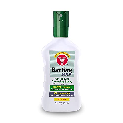 Bactine MAX First Aid Spray - Pain Relief Cleansing Spray with 4% Lidocaine - Numbing Lidocaine Kills 99.9% of Germs - Pain  Itch Relief For Minor Cuts & Scrapes, Burns & Bug Bites - 5oz