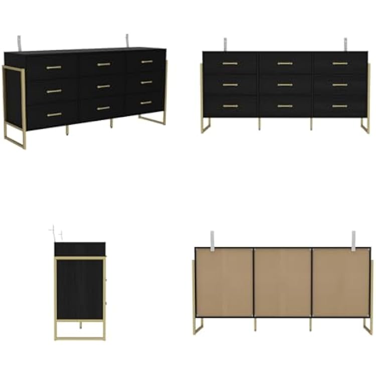 61.4 W 9-Drawer Dresser for Bedroom with Gold Legs & Handles, Wooden Chest of Drawers Closet Clothes Storage Organizer for Walk-in Closet Living Room, Black
