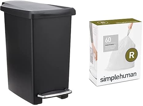 simplehuman 10 litre slim step can black plastic + code R 60 pack liners
