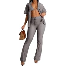 Womens 2 Pieces Crochet Hollow Cover Up Set Button Up Top Drawstring Wide Leg Pants