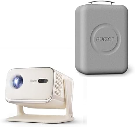 Aurzen BOOM mini Google TV Movie Projector with WiFi and Bluetooth, Voice Control, 20W Dolby Audio, Real-Time Focus, Smart Portable Outdoor Projector Bundle with EPP Carrying Case, Off-white