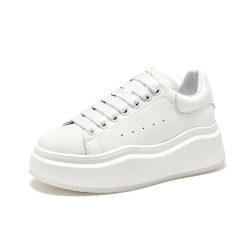 BEAU TODAY Platform White Sneakers for Women, Womens Leather Casual Tennis Shoes, Chunky Fashion Cute Comfortable Lace-up Slip-on Dress Sneakers