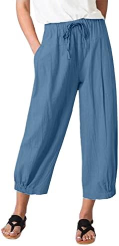 TBA Womens Casual Pants Summer Wide Leg Capris Drawstring Elastic High Waist Cotton Cropped Trousers with Pockets