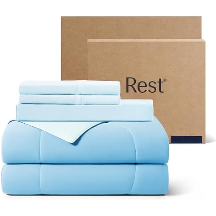 Rest Evercool Cooling Comforter Set, Full Size Light Blue, 4pcs with Cooling Blanket, Wrinkle-Free Deep Pocket Fitted Sheet, 2 Silver-Infused Pillowcases for Skin and Hair Bed Set for Ultra Comfort
