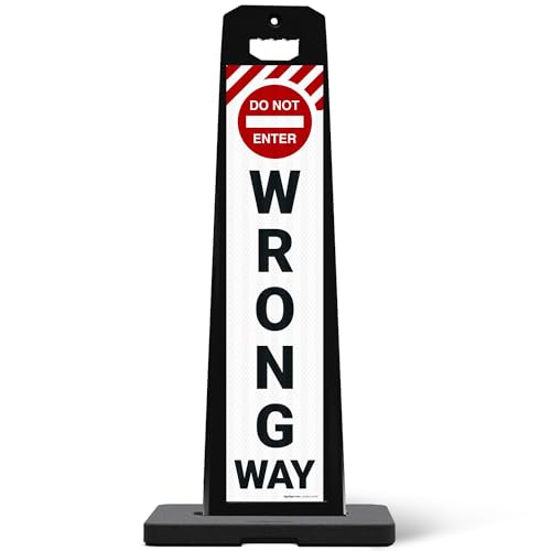 Do Not Enter Wrong Way Vertical Panel Sign Kit, Double Sided 3M Engineer Grade Reflective, with 20 lbs Black Portable Rubber Base, Impact Resistant Plastic Frame