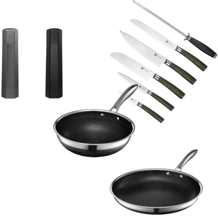 HexClad Hybrid Nonstick 10-Piece Cookware Set with 12" Pan, 10" Wok, Salt and Pepper Grinder Set, and 6-Piece Essential Knife Set, Stay-Cool Handles, Dishwasher and Oven-Safe, Induction Ready
