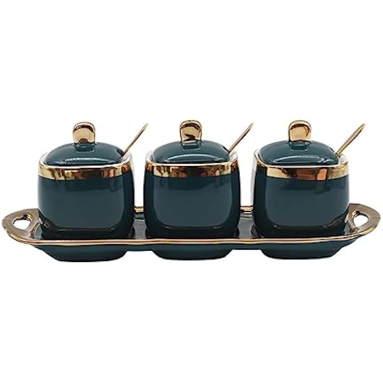 3 pack Ceramic Sugar Bowls Set-Marble Porcelain Spice Jars Storage Containers Condiment Jar Spice Container with Spoons and Lids for Home and Kitchen Emeralds