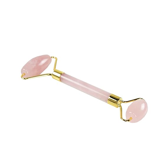 The Vintage Cosmetic Company Rose Quartz Facial Roller, Dual-Ended for Face and Eye Area, Soothes and Cools Skin for Youthful Glow, Skincare Accessory, Pink Rose Quartz Design