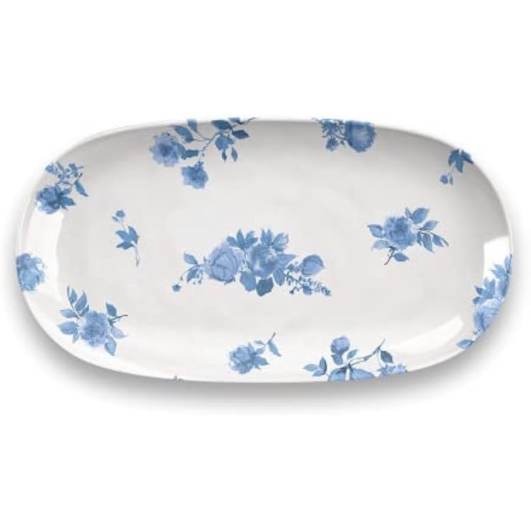 Cottage Blue 12.9 x 6.9 Serving Platter, Durable, Shatter-Resistant, and Dishwasher Safe Melamine Platter for Appetizers, Main Courses, Desserts, or Cheeses - White
