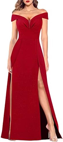 VFSHOW Womens Off Shoulder Ruched V Neck Double Slit Formal A-Line Maxi Dress 2023 Wedding Guest Cocktail Evening Long Gown
