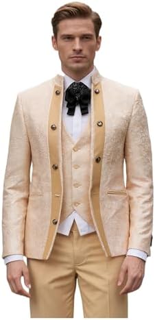 Mens Tuxedo 3 Pieces Slim Fit Suit Blazer Stand Collar Pants Printed Wedding Host Meet Events Banquet Dinner