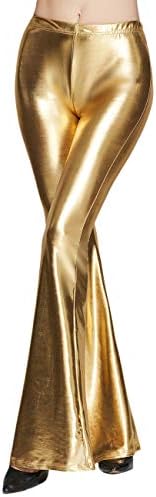 SOMTHRON Womens Elastic Waist Shinny Wide Leg Leggings Trousers High Waist Stretchy Leather Bell Bottoms Flare Pants