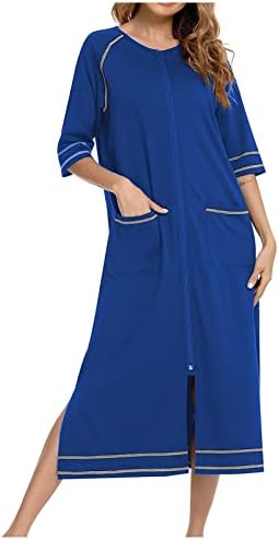 Zipper Robes for Women 3/4 Sleeve Loungewear Nightdress Loose Pajamas Dress Full Length Sleepwear with Pokets
