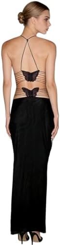 Womens Sleeveless Floral Butterfly Maxi Dress Sexy V Neck Backless Bodycon Dress Bandage String Cocktail Party Dress