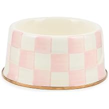 MACKENZIE-CHILDS Enamel Pet Bowl, Cute Cat and Dog Bowl for Food and Water, Medium, Pink-and-White Rosy Check