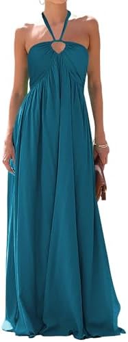 Maxi Dresses for Women Sexy Halter V Neck Backless Smocked High Waisted A Line Beach Vacation Sundress