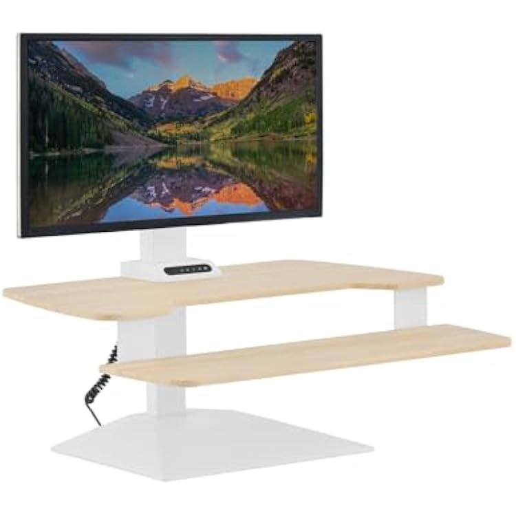 Vari VariDesk Premier Electric Converter - Standing Desk Height Adjustable Riser - Stand Up Converter for Home Office Workspace - Single Monitor Mount Computer Workstation Light Wood