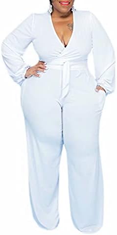 Plus Size Two Piece Outfits for Women Sexy Clubwear - Long Sleeve Wrap V Neck Tie Waist Belted Crop Tops Stretchy High Waisted Palazzo Wide Leg Long Pants Sets Jumpsuit Romper White, 2XL
