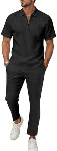 Bealin Mens Summer Beach Outfits 2 Piece Casual Quarter Zip Short Sleeve Vertical Stripe Shirt and Loose Pants Set