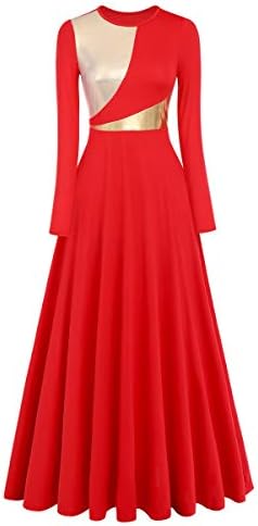 IDOPIP Women Metallic Color Block Praise Full Length Long Sleeve Dance Dress Liturgical Lyrical Dancewear Worship Robe Dress