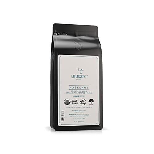 Lifeboost Hazelnut Ground Coffee Organic, Low Acid, Non-GMO Hazelnut Flavored Coffee Single Origin, Mold-Free Mycotoxin Tested Coffee, 12 oz