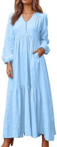Womens Elegant Long Sleeve V-Neck Maxi Beach Dress with Pockets Casual Loose Fit for Everyday Wear