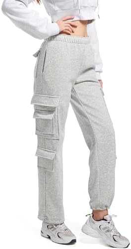 Cargo Sweatpants for Women Fleece Lined Casual Baggy Joggers Cargo Pants High Waist Adjustable Legs Sweat Pants with Pockets