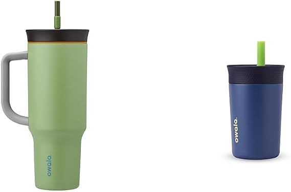 Owala 40oz Tumbler and 12oz Kids Tumbler Bundle with Insulated Stainless Steel, Spill Resistant Lids, Straws, and Carry Handles
