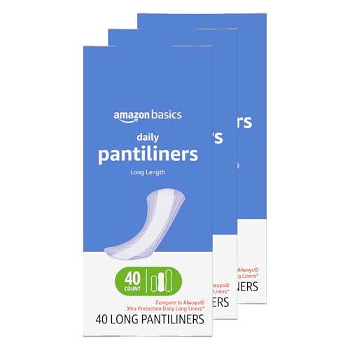 Amazon Basics Daily Pantiliner, Long Length, Feminine Pads for Women, Unscented, Comfortable Thin, 120 Count 3 Packs of 40 Previously Solimo