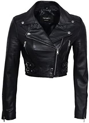 Womens Chic Black Cropped Leather Biker Jacket