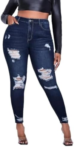 Womens Plus Size Skinny Jeans Stretch high Waisted Ankle Ripped Jeans