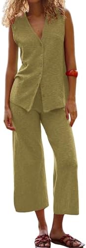 SeekMe Womens 2025 Sweater Set Sleeveless Button Down Vest Wide Leg Pants 2 Piece Outfits Summer Casual Matching Loungewear0020-Olive-S