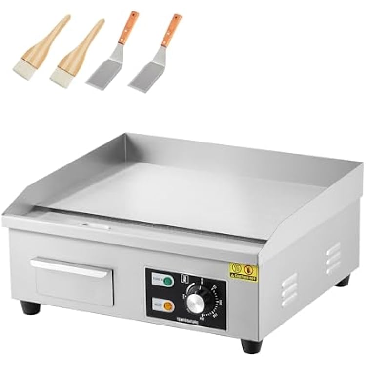 Garvee Stainless Steel Electric Griddle, 18 in Commercial Flat Top Grill, 1600W Non-Stick Teppanyaki Griddle with 2 Shovels & 2 Brushes, 122-572F Adjustable Temperature for Kitchen, BBQ