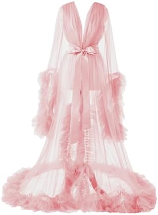 Womens Long Bridal Robes Tulle Lingerie Maternity Bathrobe Photoshoot Illusion Wedding Scarf Party Nightgown