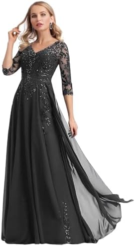 Womens Mother of The Bride Dresses for Wedding Long 34 Sleeve Chiffon Lace Applique Formal Evening Prom Gowns 835