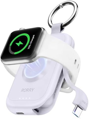 RORRY CharmGo for Apple Watch Charger, 2500mAh Fast Charging Portable Charger for iWatch, Travel Charger with Built-in USB C Cable for Apple Watch Ultra Series 9 8 7 6 5 4 3 2 SE Accessories, Purple
