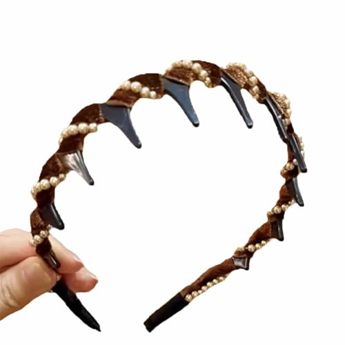 Vintage High Cranium Artificial Pearl Hairband, Bridal Hair Hoops Rhinestones Hair Accessories, Hairs Bands with Teeth Hoop, Fashion Wide Beaded Bling Head Band, Knotted Headband for Women GirlsBrown