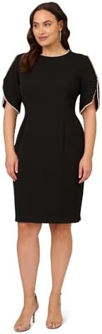 Adrianna Papell Womens Knit Crepe Pearl Midi Dress | Knee Length Cocktail Dress with Pearl Trim & Tailored Fit
