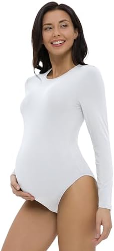 V VOCNI Maternity Bodysuit Crew Neck Long Sleeve Maternity Shirt Tops Jumpsuit Romper Pregnancy Shapewear Body Suit