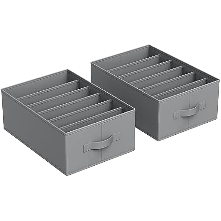 SONGMICS Set of 2 Large Size Wardrobe Clothes Organizers, 6-Compartment Foldable Drawer Organizers with Handles, 16.5 x 11.8 x 6.7 Inches, for Pants, Sweaters, Jeans, Dove Gray URUS009G02