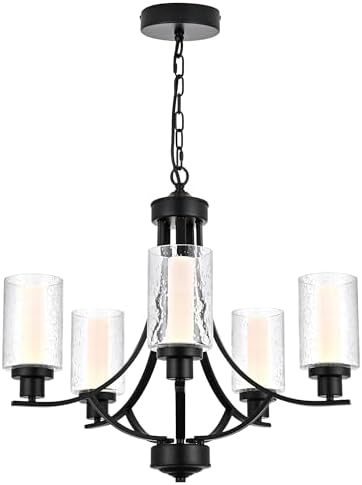 MELUCEE LED Modern Chandeliers for Dining Room 5 Lights Contemporary Kitchen Chandelier with Frosted Acrylic Column Black Led Pendant Light with Seeded Glass Shade, Built-in LED Chips, 5CCT Adjustable