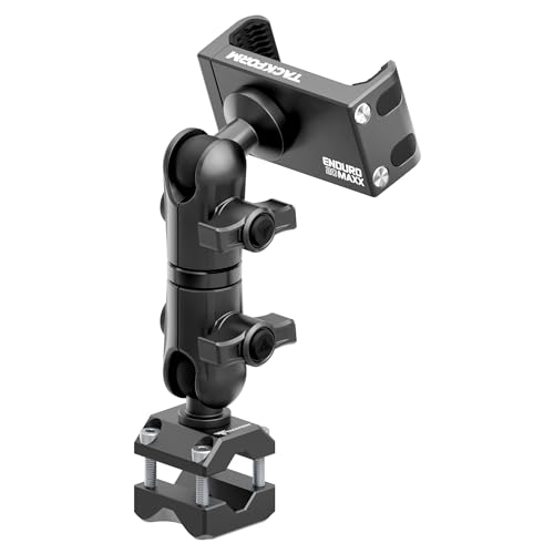 Tackform Black Motorcycle Phone Mount - 20MAXX Spring Cradle | Universal Bar Clamp Fits 38 - 58 Crossbar, Headrest, Mirror | Aluminum | Compatible with iPhones, Galaxy Devices, More | 3.5 Arm