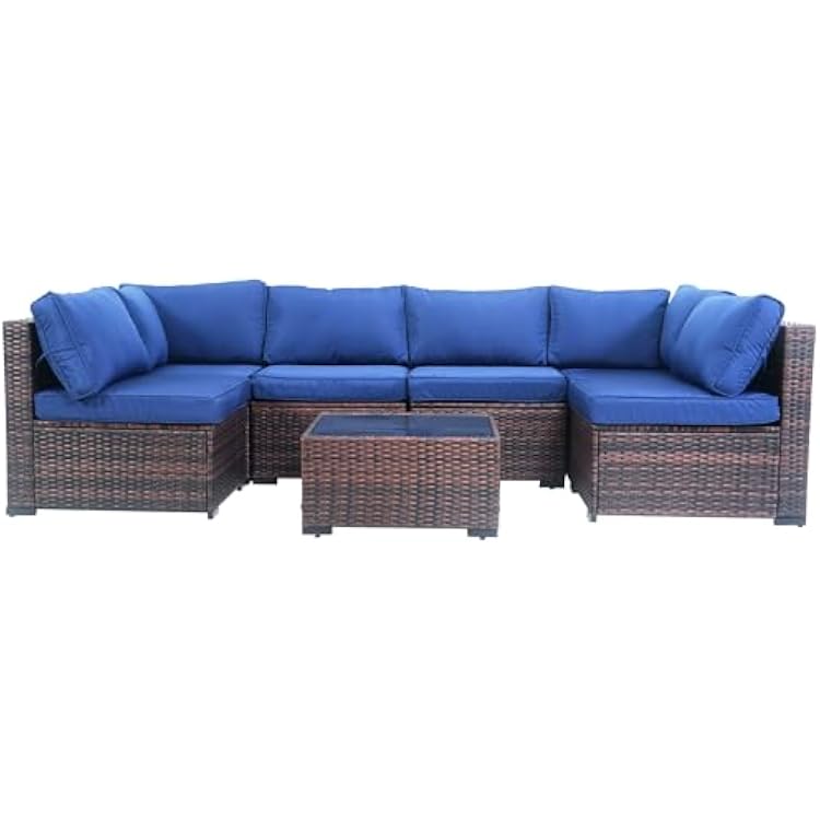 7 Piece Outdoor Patio Furniture Set, Rattan Weather-Resistant Outdoor Conversation Set, Outside Furniture Patio Sectional Sofa Set with 4.3 Thick Anti-Slip Cushions and Coffee Table, Blue